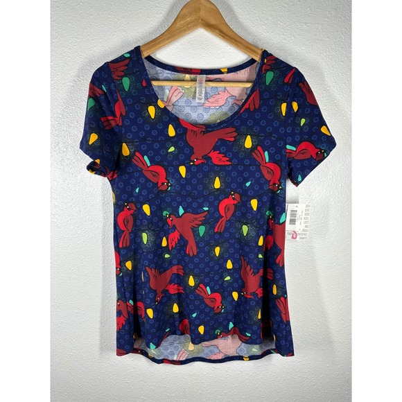 LuLaRoe Tops - LuLaRoe T-Shirt Womens S Blue Cardinal‎ Christmas Lights Classic T Holiday Bird